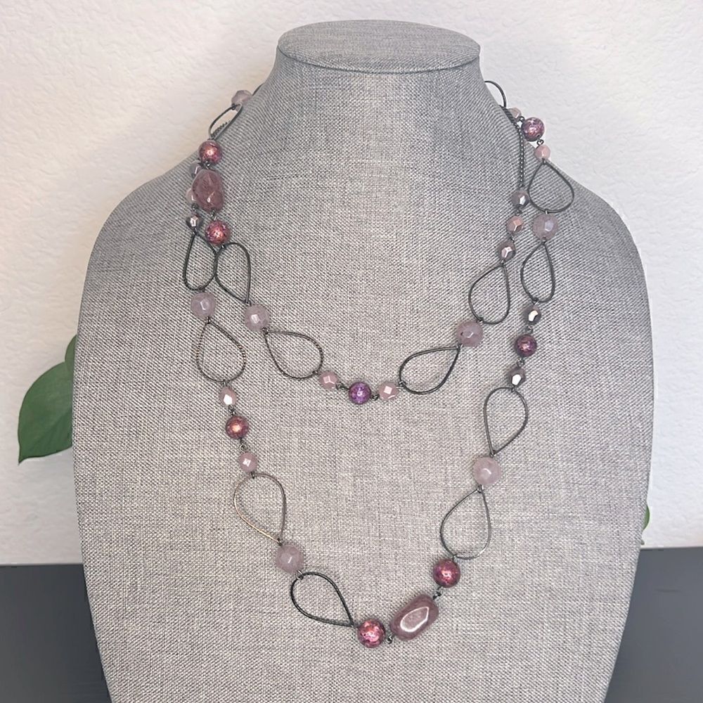 Teardrop Metal Link and Beaded Long Necklace